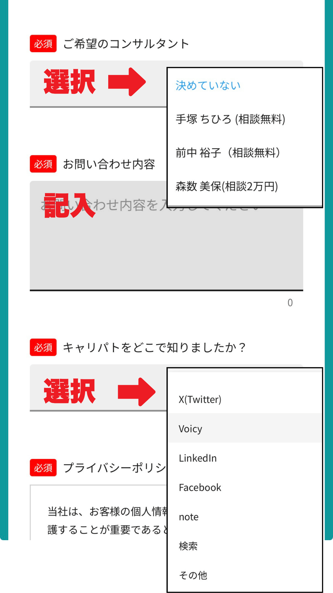 キャリパト申し込み画面